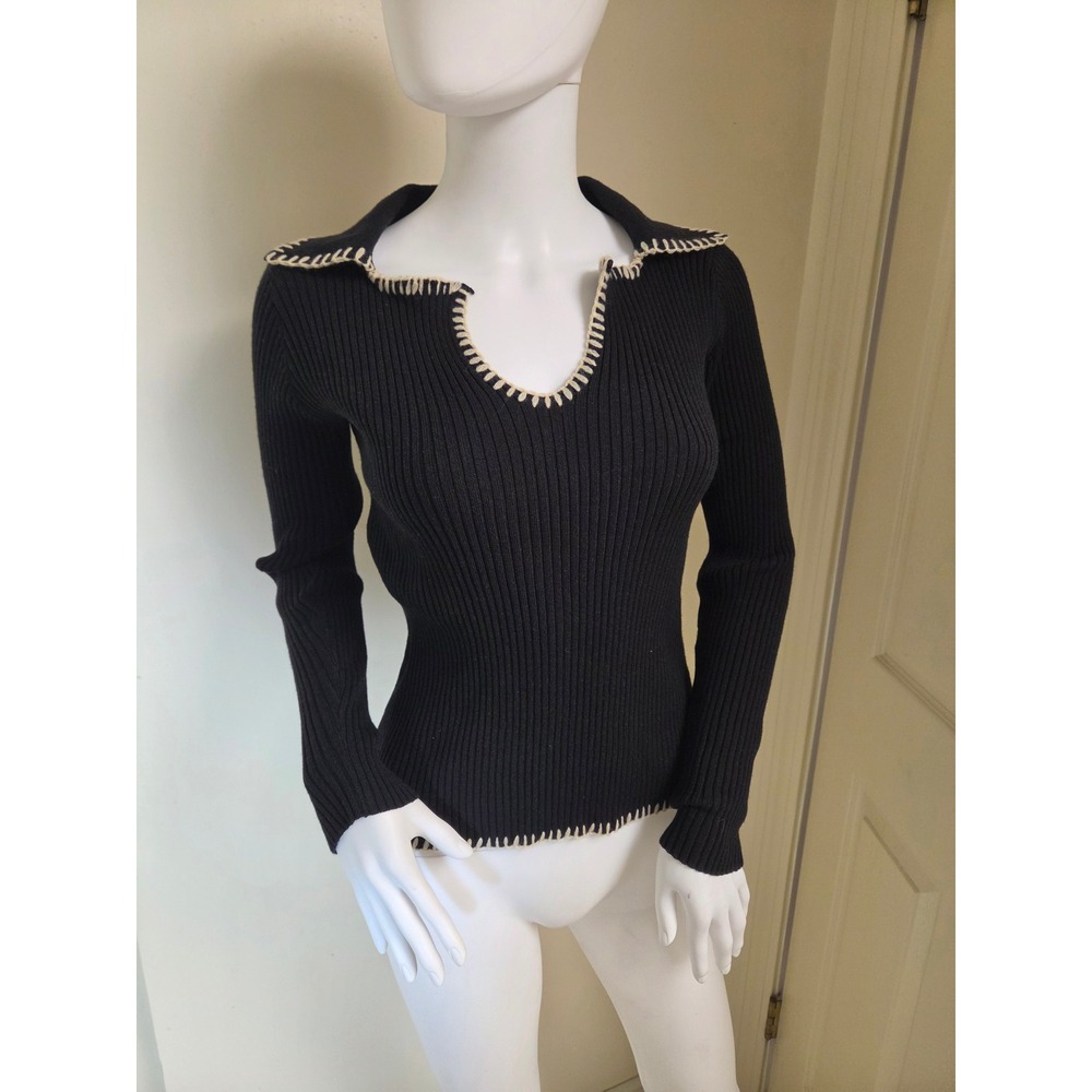 RIHOAS Womens Black Ribbed Knit Whipstitch Polo Collar Sweater Small